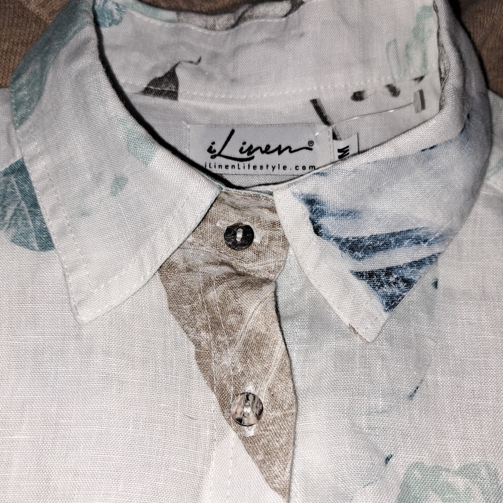 I Linen Lifestyle Elegant Light Gray and Blu Linen Blouse - Picture 4 of 10
